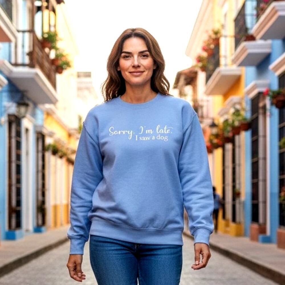 GILDAN Women's Blue 'Sorry I'm Late, I Saw A Dog' Sweatshirt - Size: S